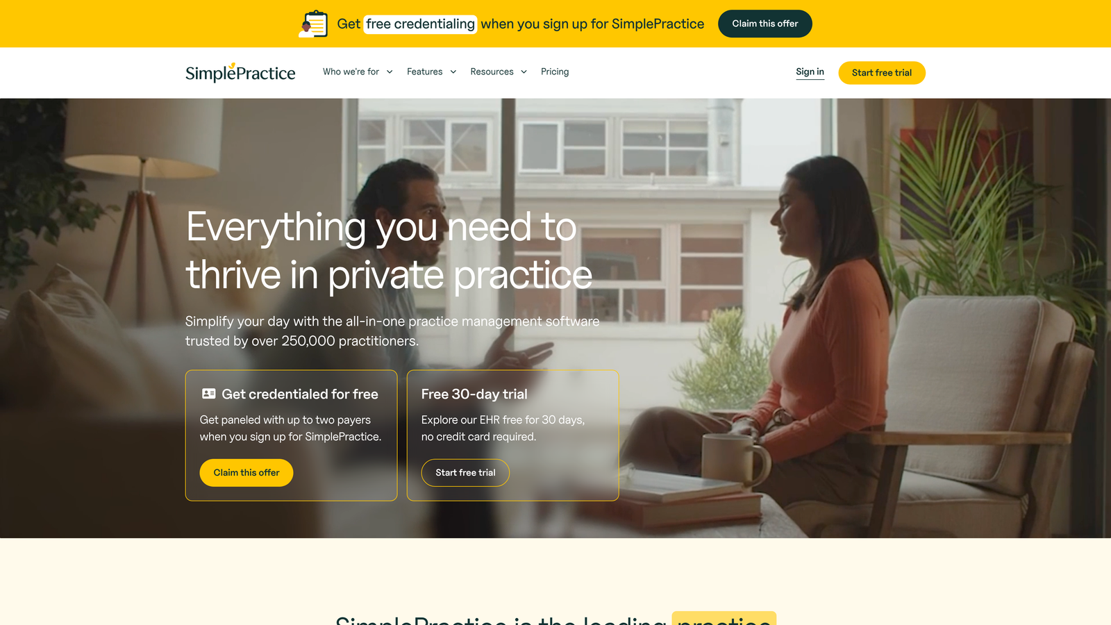 Screenshot of SimplePractice website