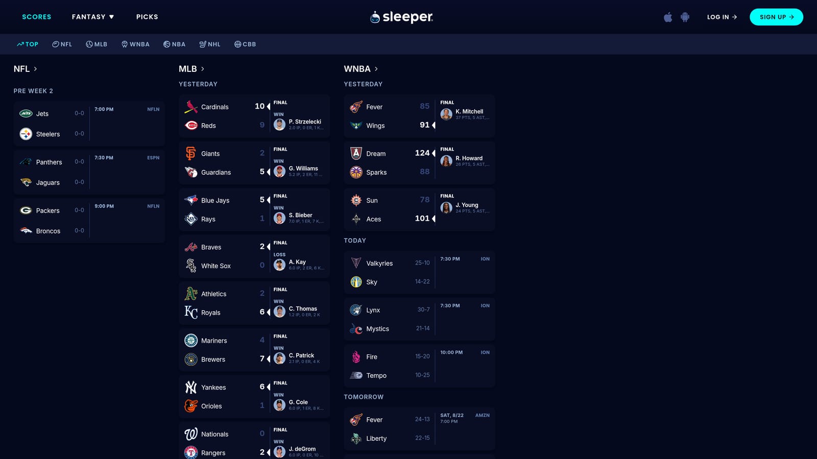 Screenshot of Sleeper website