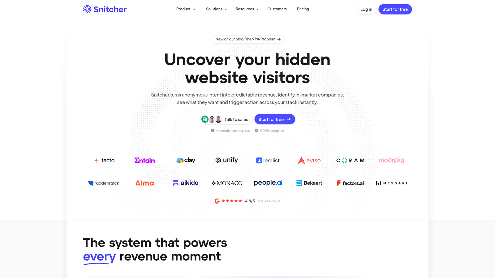 Screenshot of Snitcher website