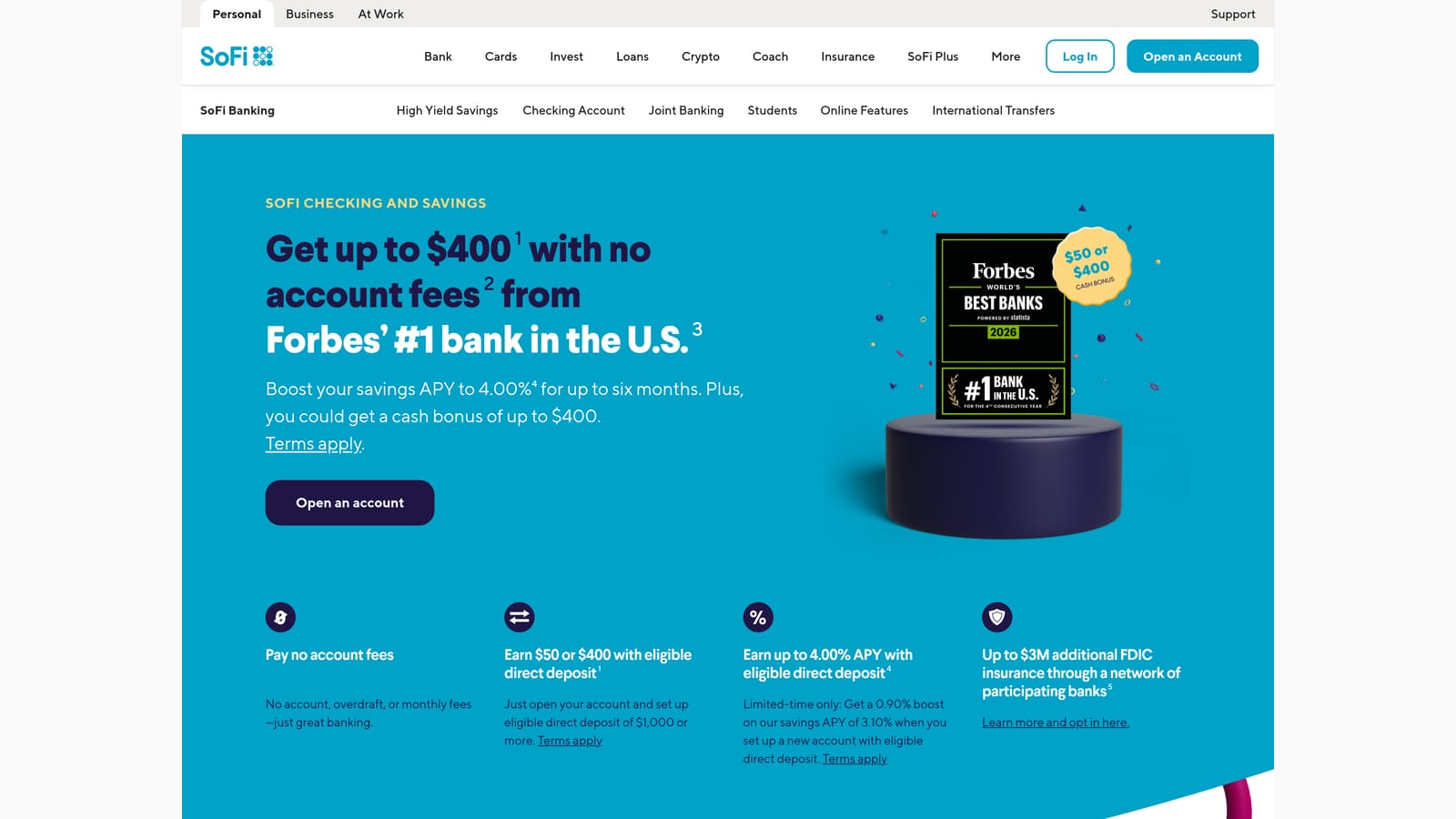 Screenshot of SoFi Bank website