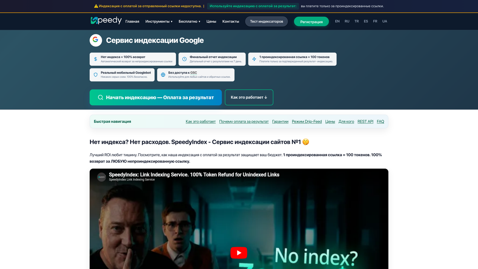 Screenshot of SpeedyIndex website