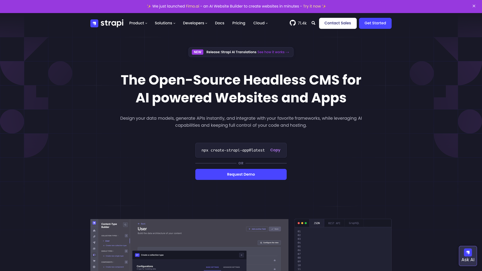 Screenshot of Strapi website