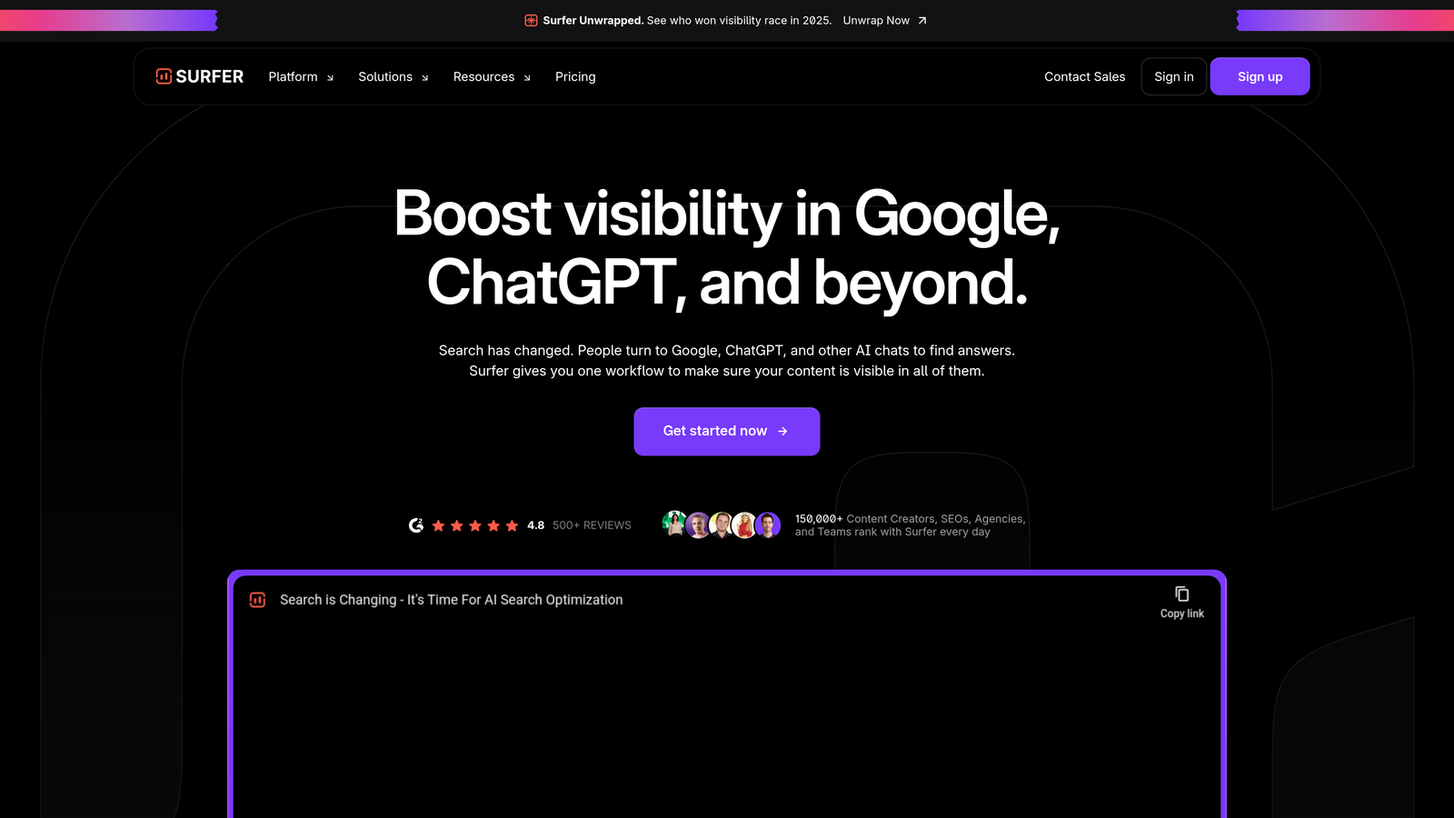 Screenshot of Surfer AI website homepage
