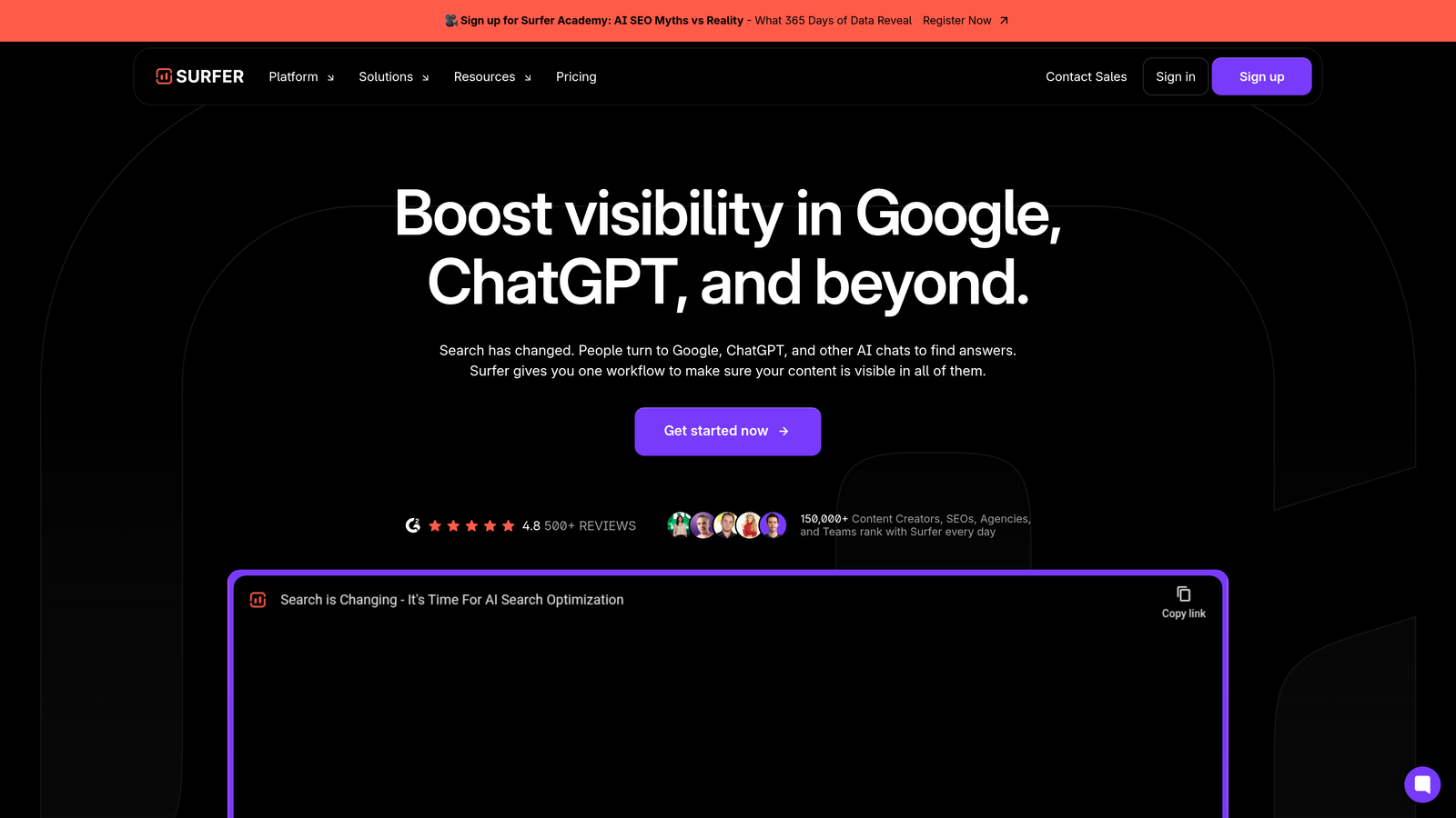 Screenshot of Surfer SEO AI website