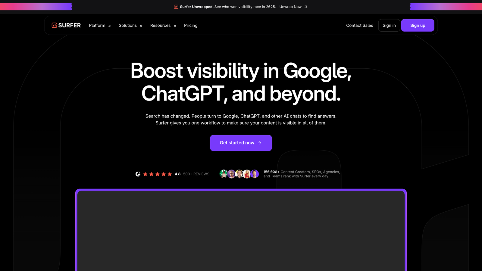 Screenshot of Surfer SEO website homepage