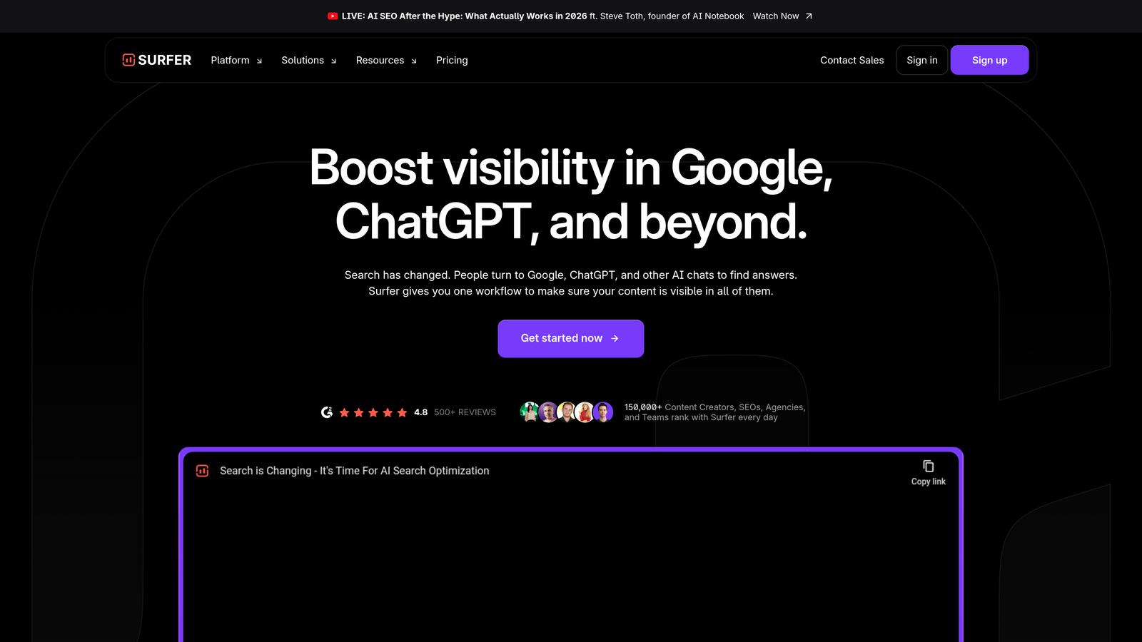 Screenshot of Surfer SEO website homepage