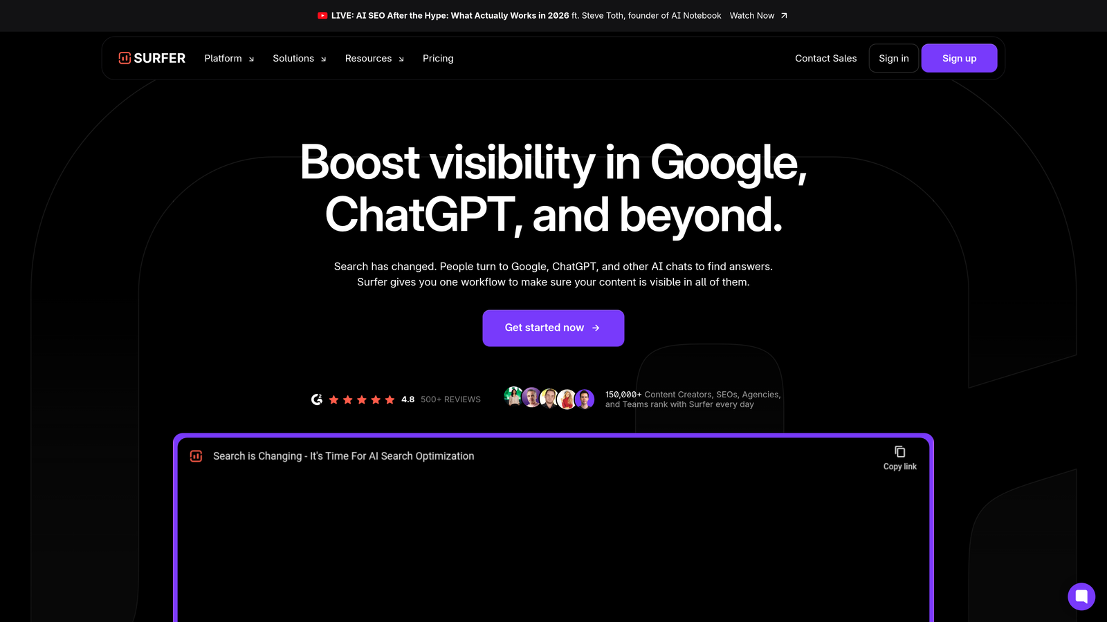 Screenshot of Surfer SEO website