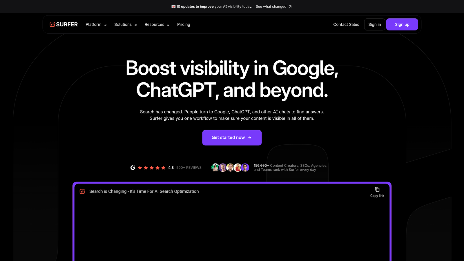 Screenshot of Surfer SEO website