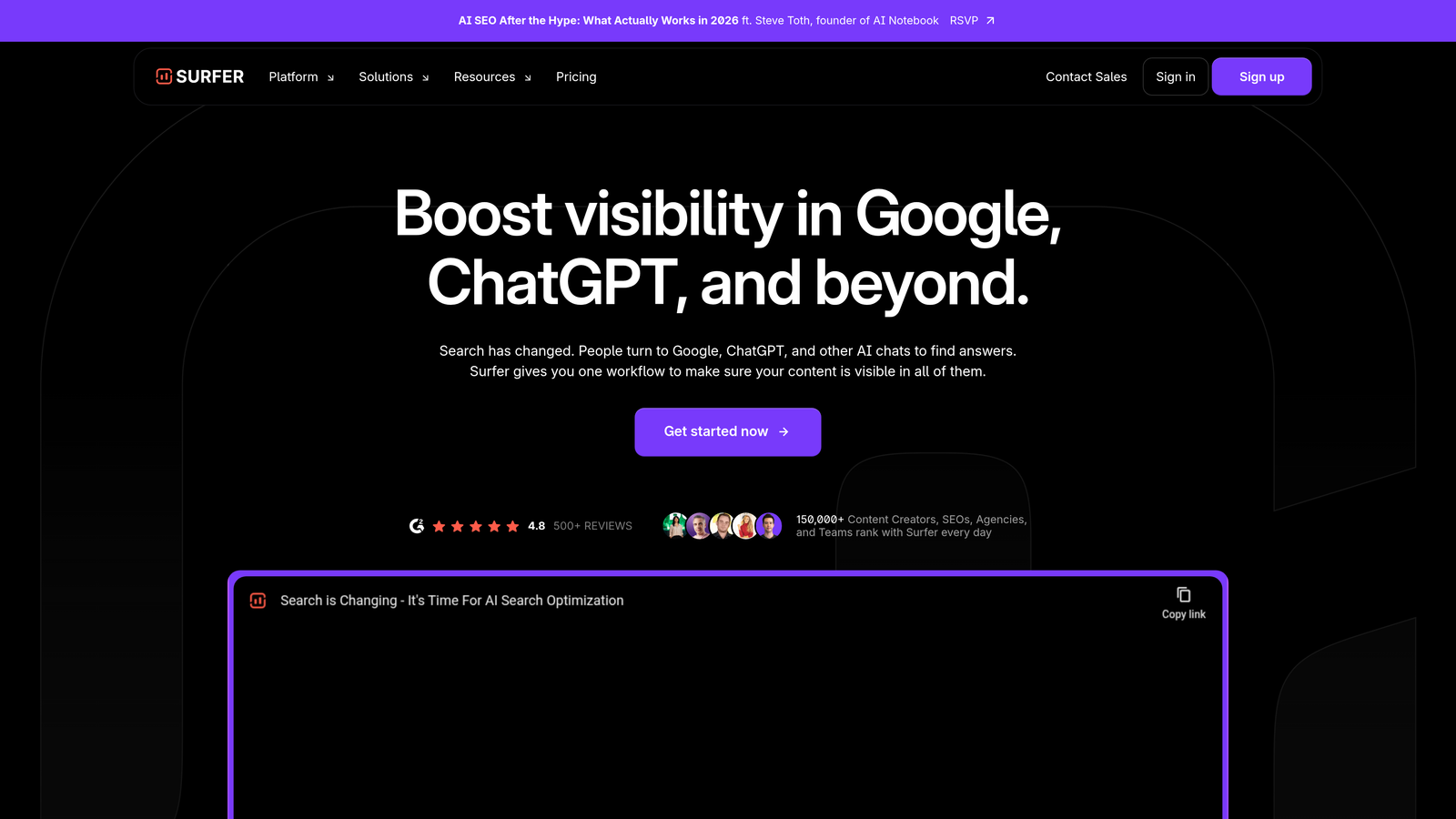 Screenshot of SurferSEO website homepage
