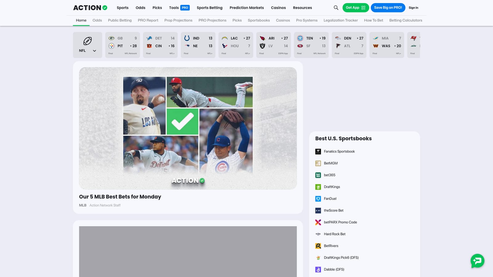 Screenshot of The Action Network website