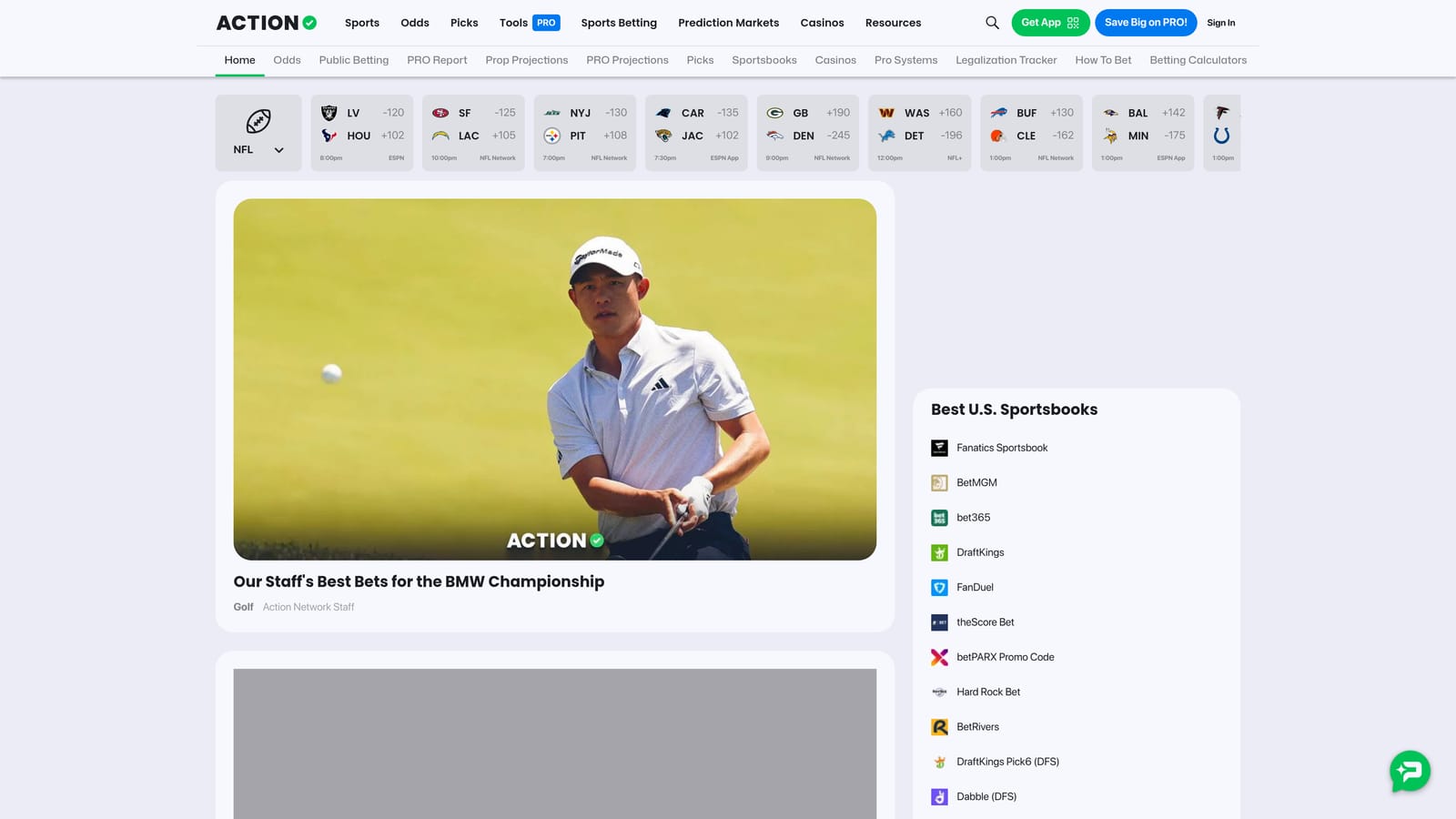 Screenshot of The Action Network website