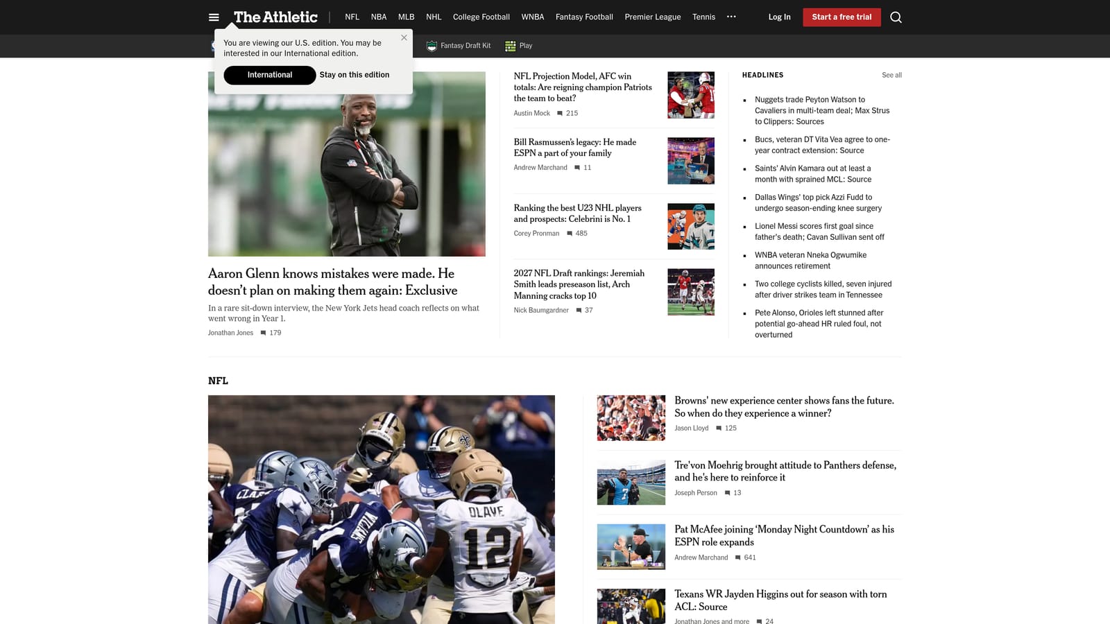 Screenshot of The Athletic website