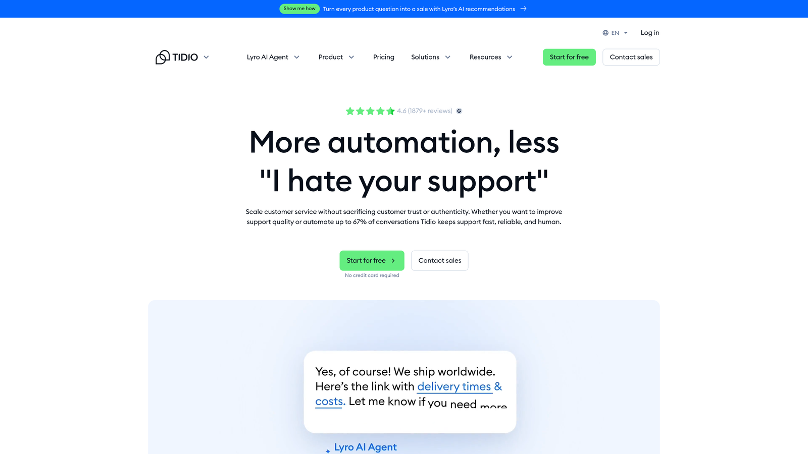 Screenshot of Tidio (Lyro AI) website