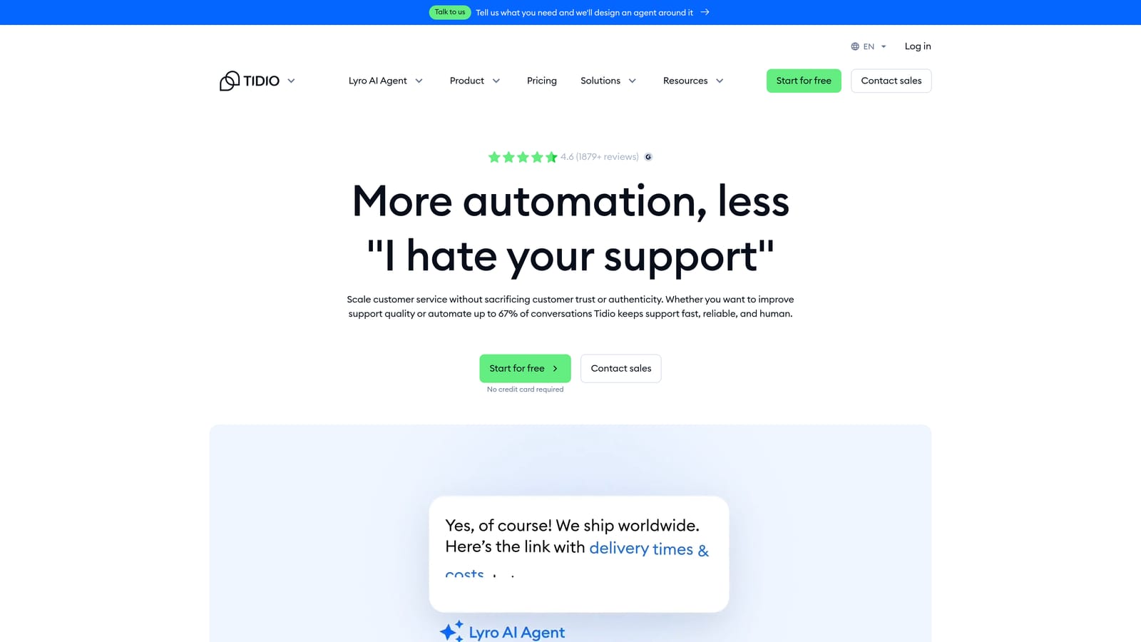 Screenshot of Tidio (Lyro AI) website