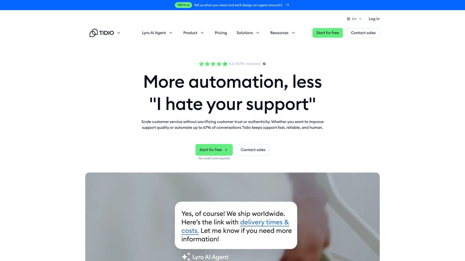 Screenshot of Tidio (Lyro AI) website