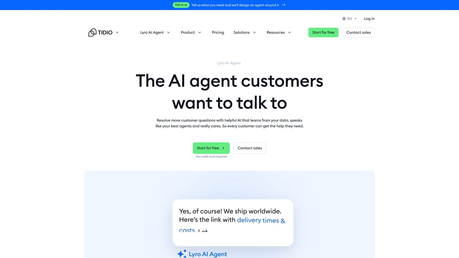 Screenshot of Tidio (Lyro AI) website