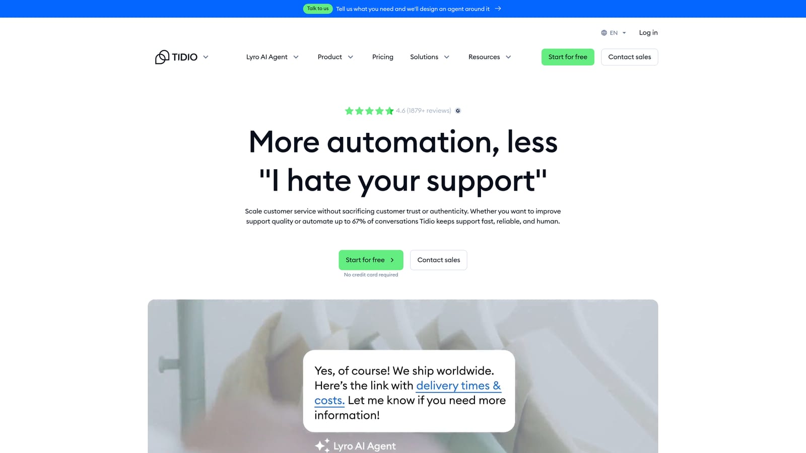 Screenshot of Tidio (Lyro AI) website