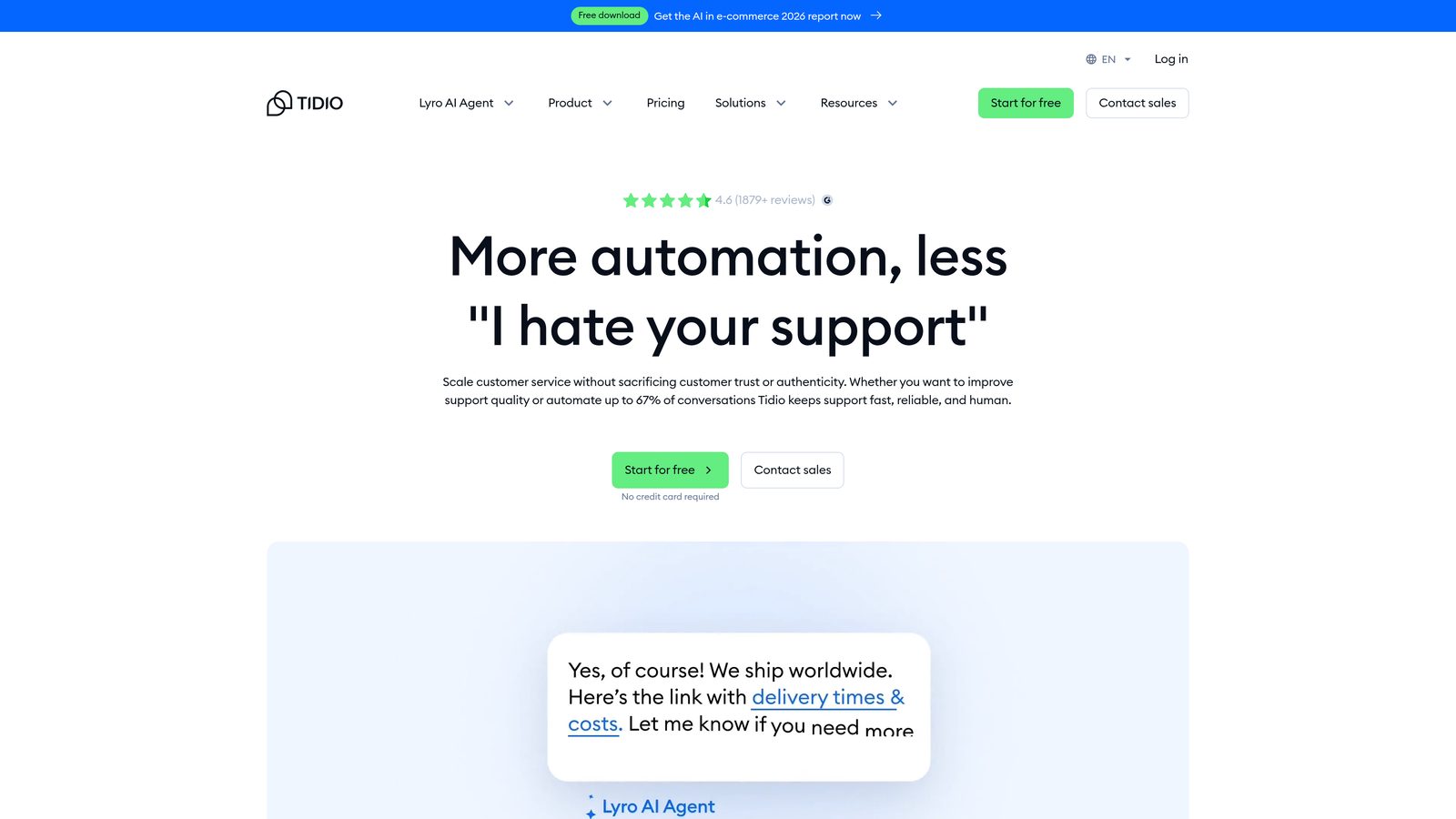 Screenshot of Tidio AI (Lyro) website