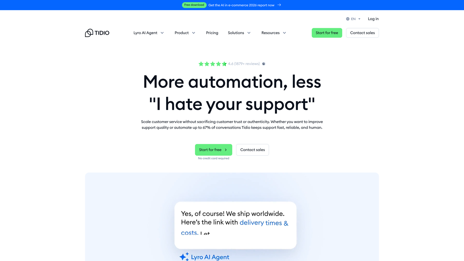 Screenshot of Tidio AI (Lyro) website