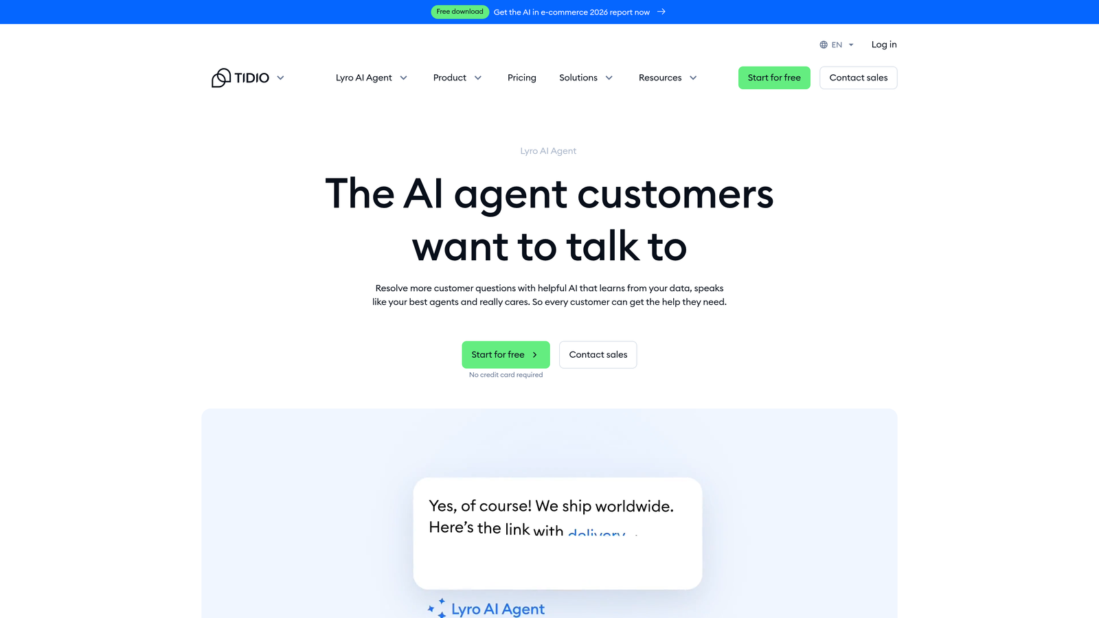 Screenshot of Tidio AI (Lyro) website
