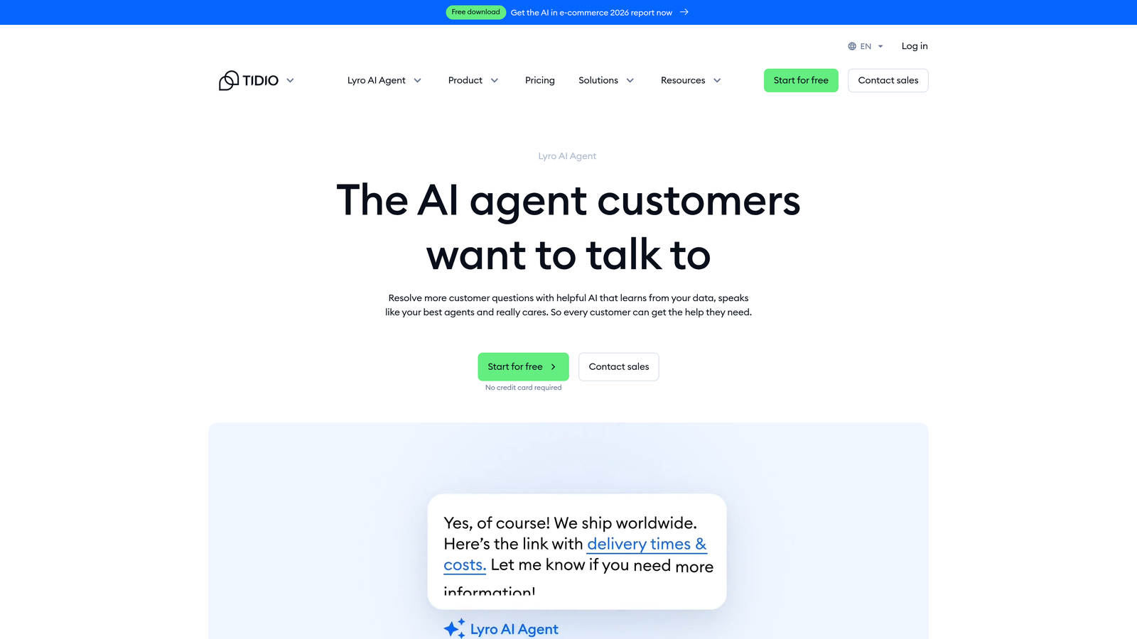 Screenshot of Tidio AI (Lyro) website
