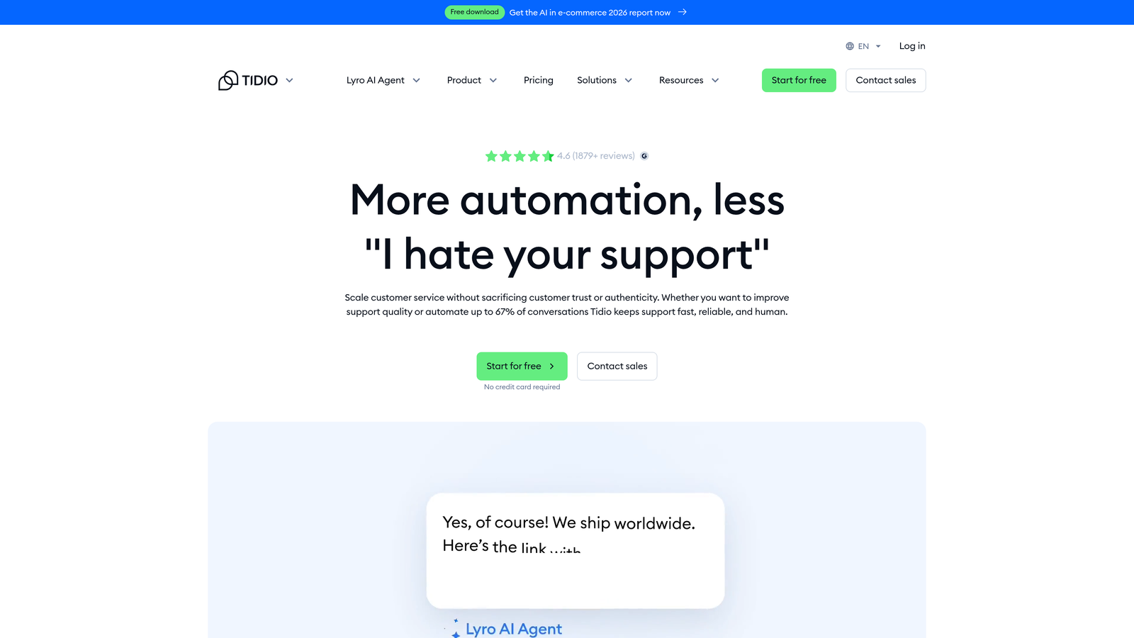 Screenshot of Tidio AI (Lyro) website