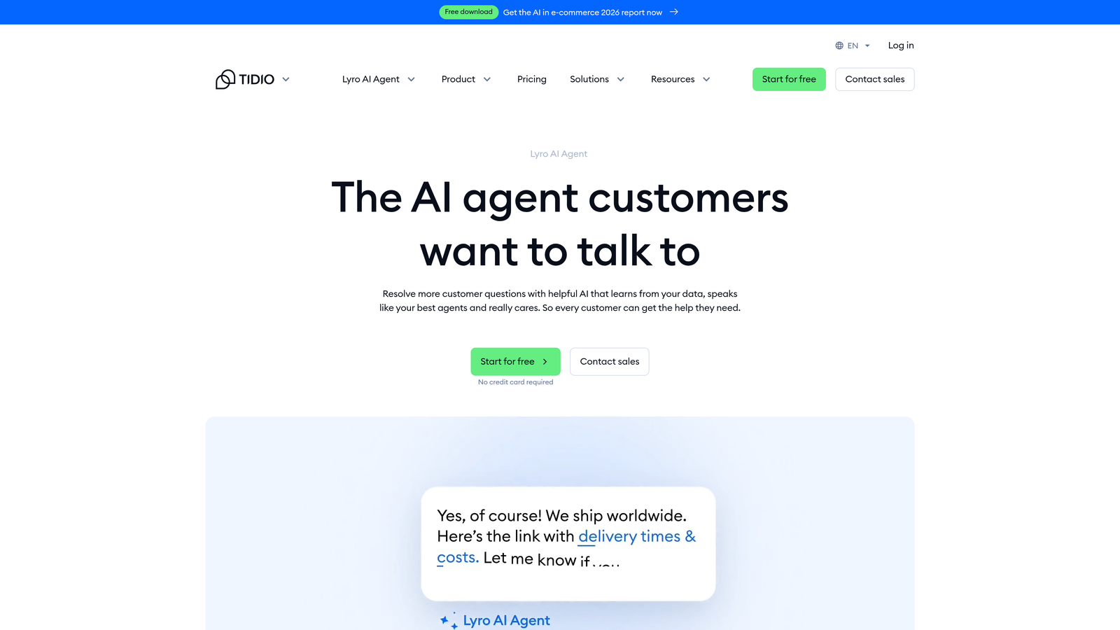 Screenshot of Tidio AI (Lyro) website