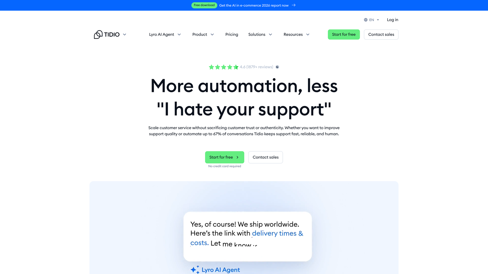 Screenshot of Tidio AI (Lyro) website