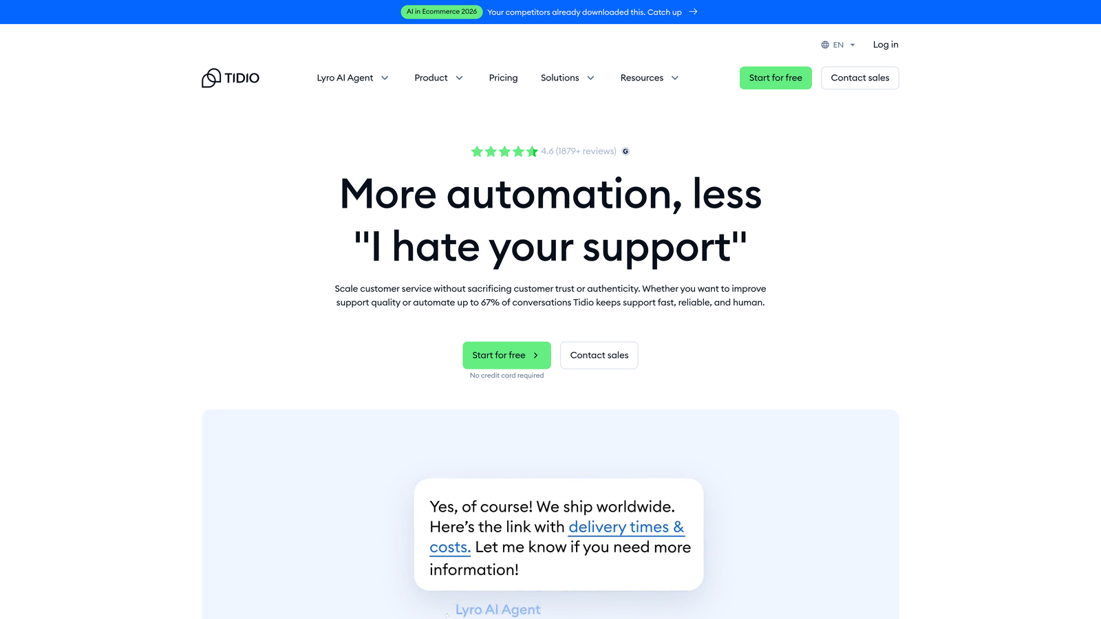 Screenshot of Tidio AI website