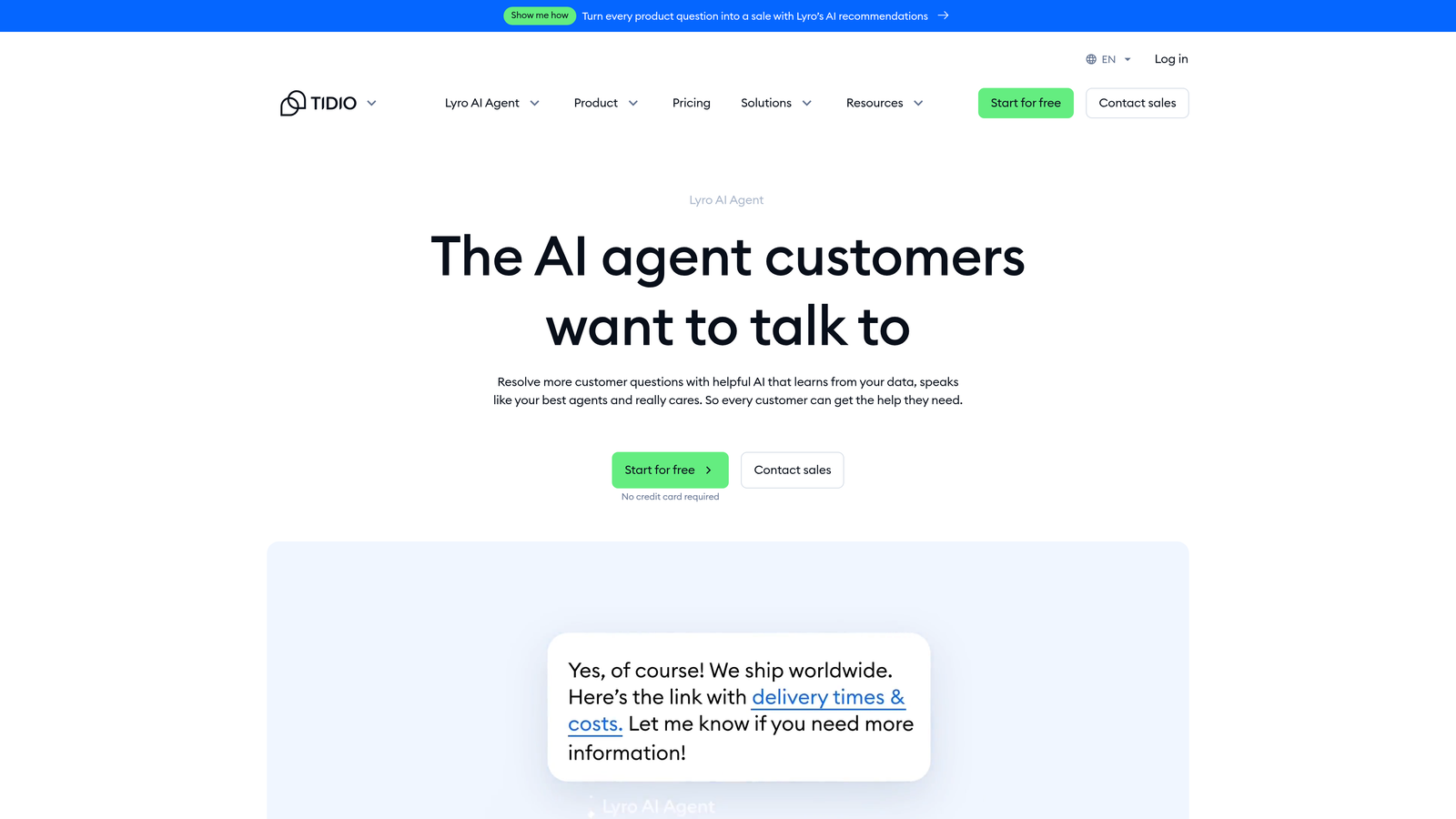 Screenshot of Tidio Lyro AI website
