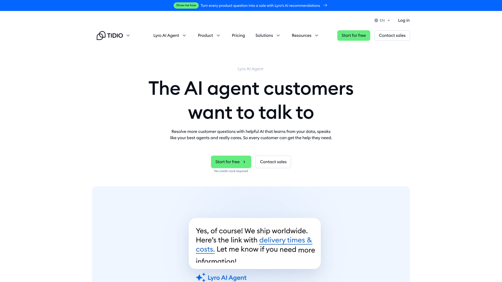 Screenshot of Tidio Lyro AI website