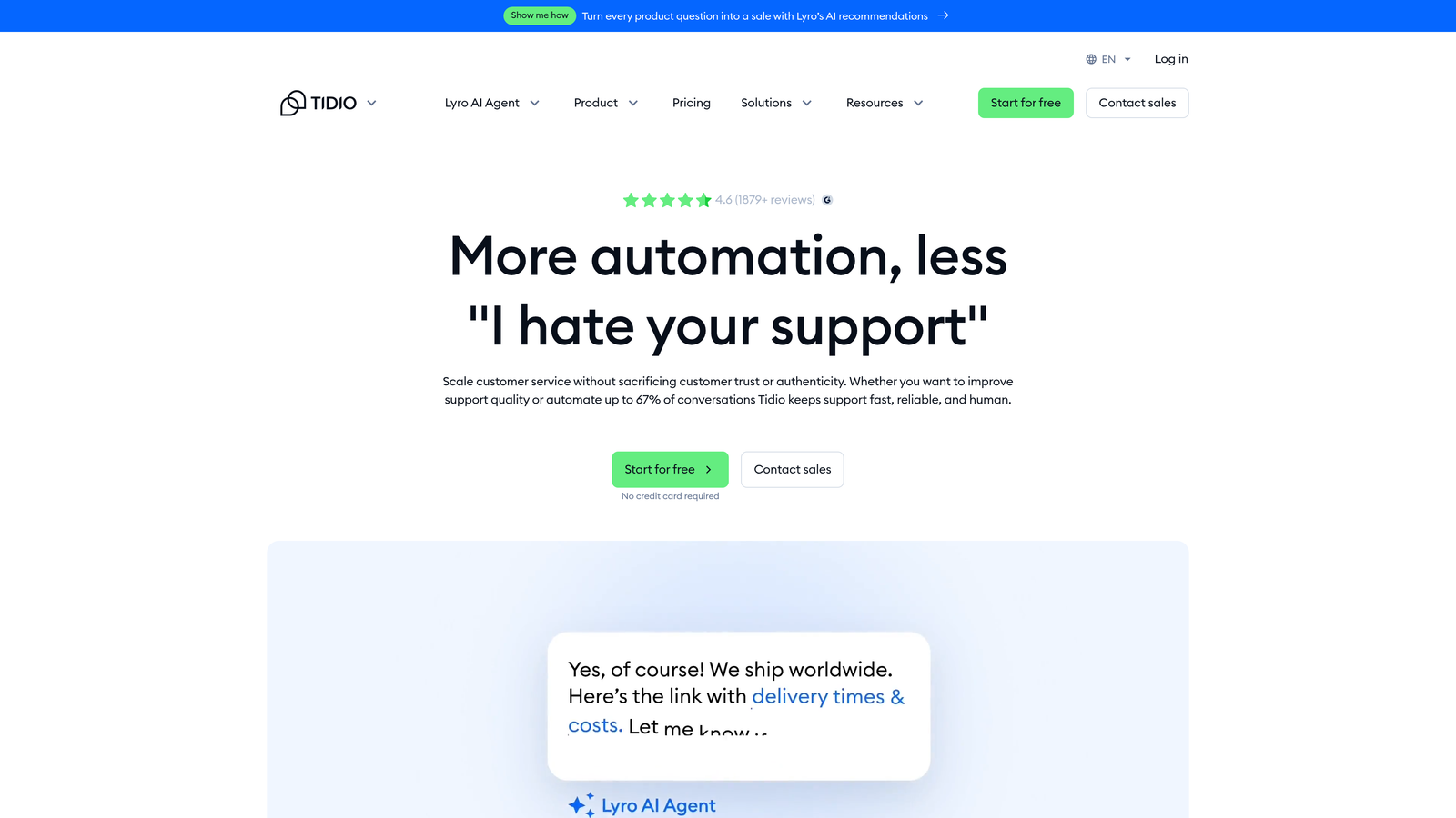 Screenshot of Tidio Lyro AI website