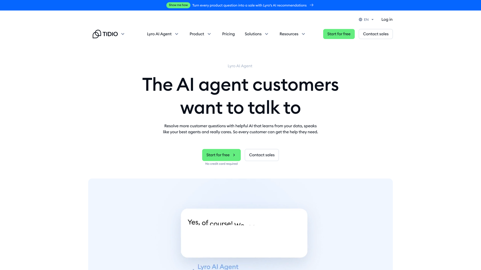 Screenshot of Tidio Lyro AI website