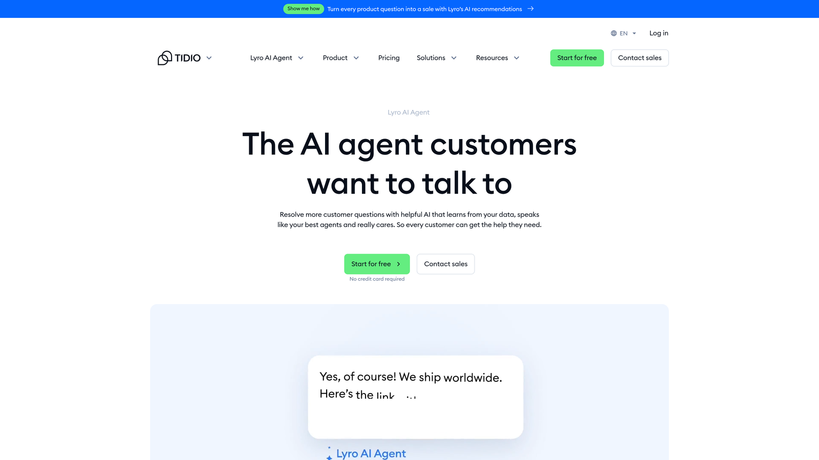 Screenshot of Tidio Lyro website