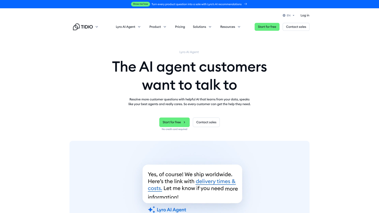 Screenshot of Tidio Lyro website
