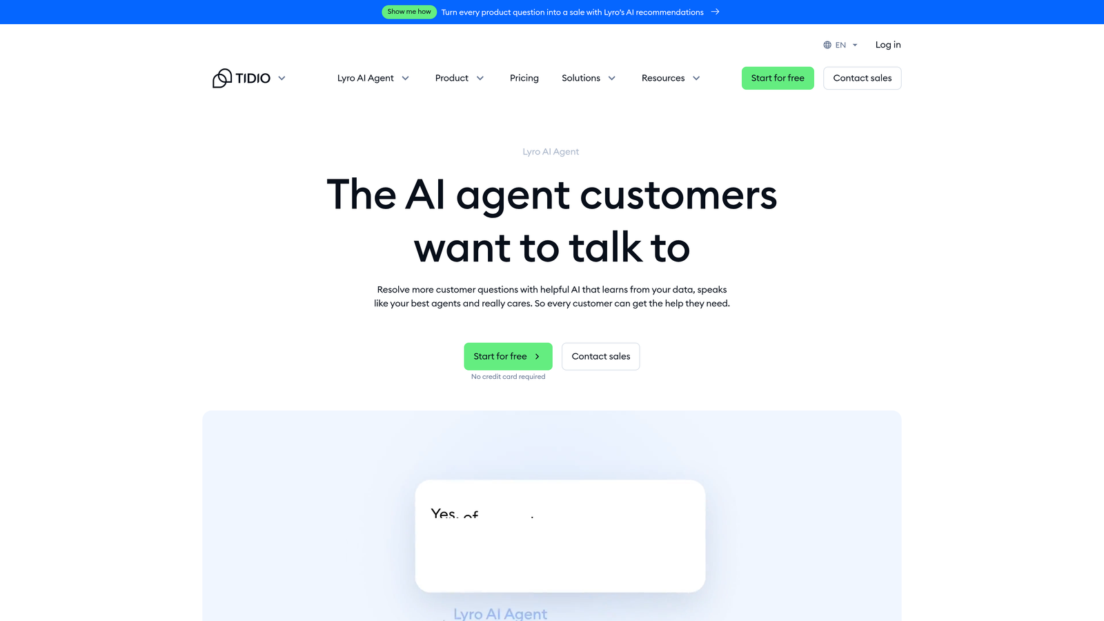 Screenshot of Tidio Lyro website