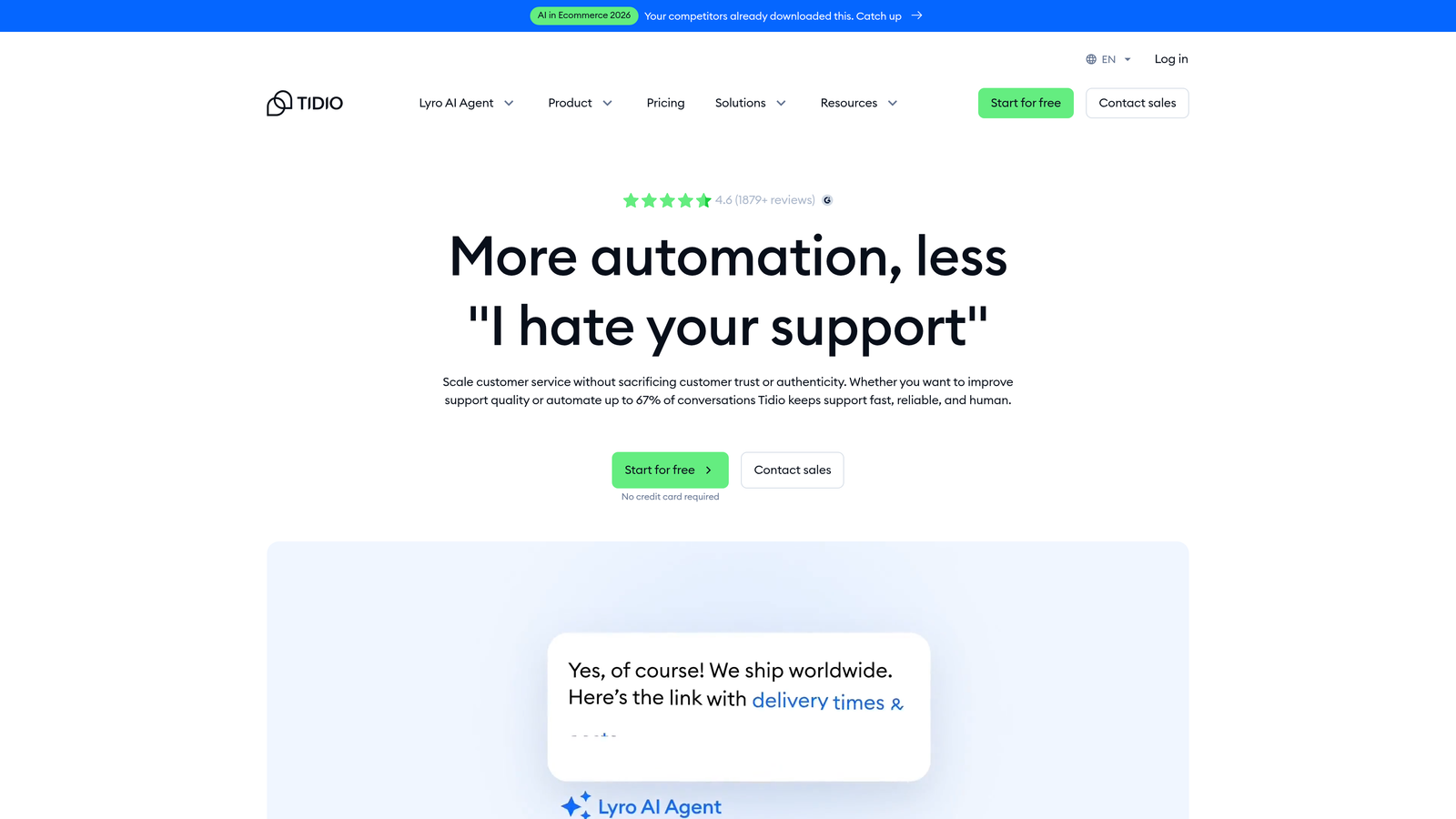 Screenshot of Tidio website