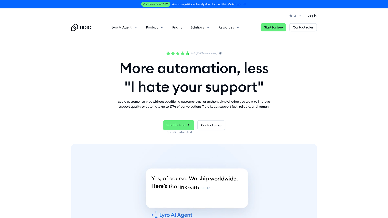 Screenshot of Tidio website