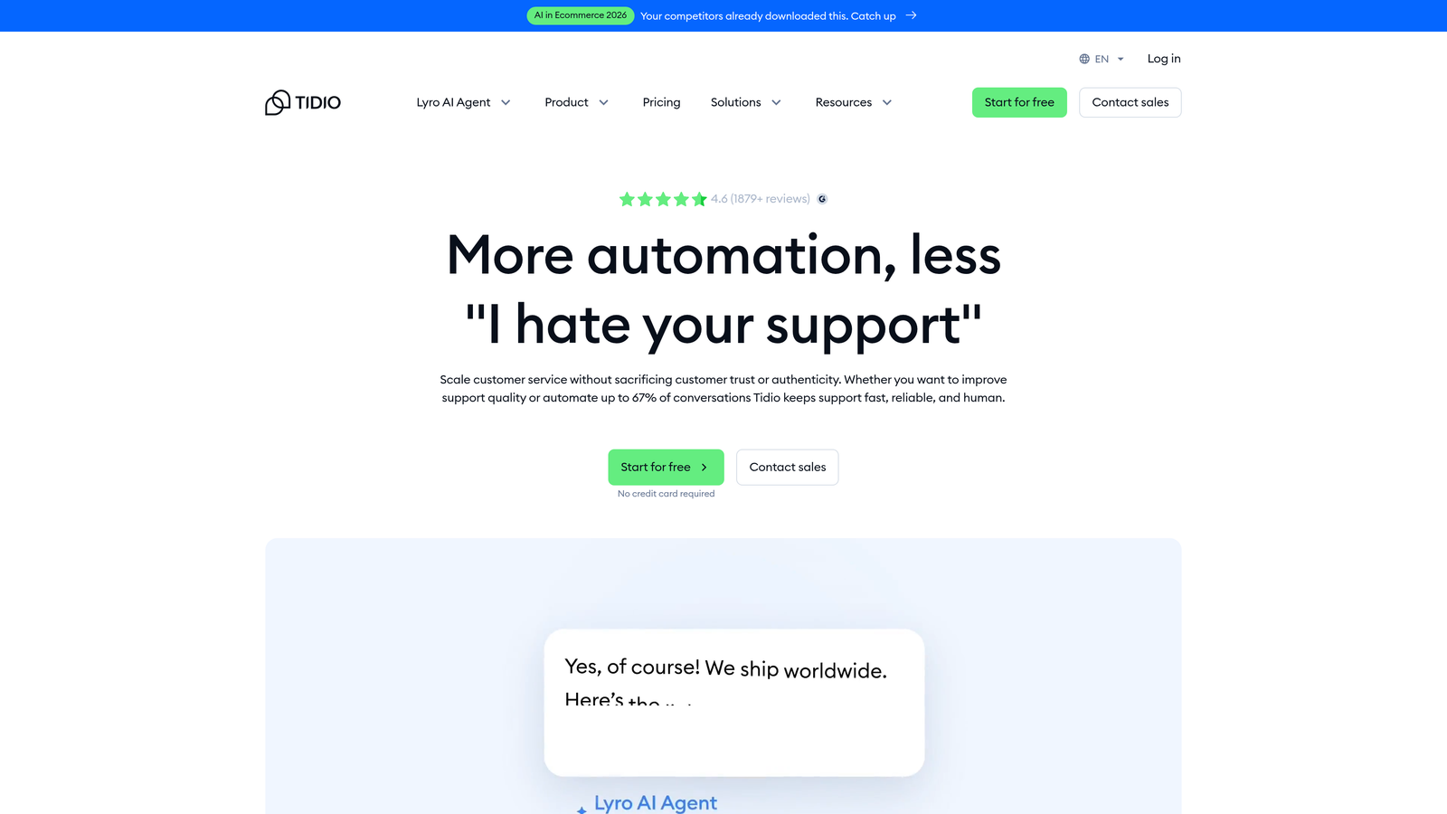 Screenshot of Tidio website