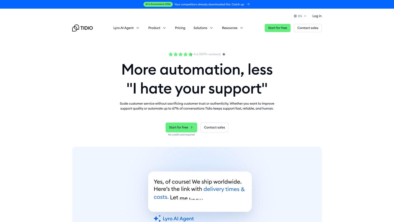 Screenshot of Tidio website