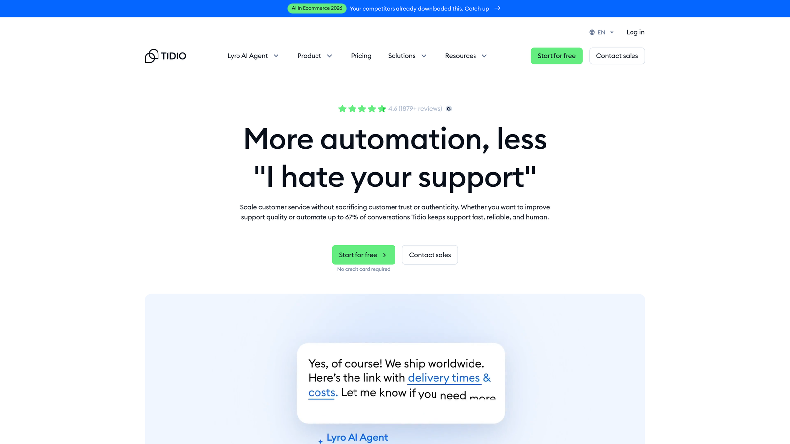 Screenshot of Tidio website