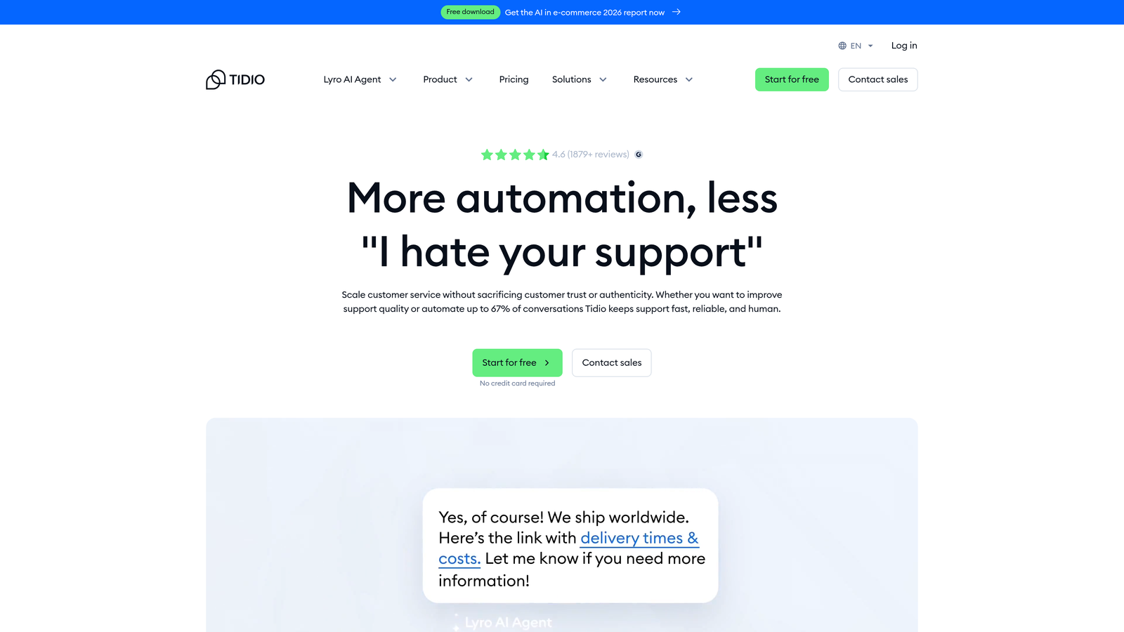 Screenshot of Tidio website