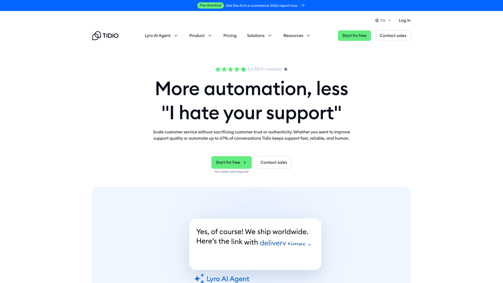 Screenshot of Tidio website