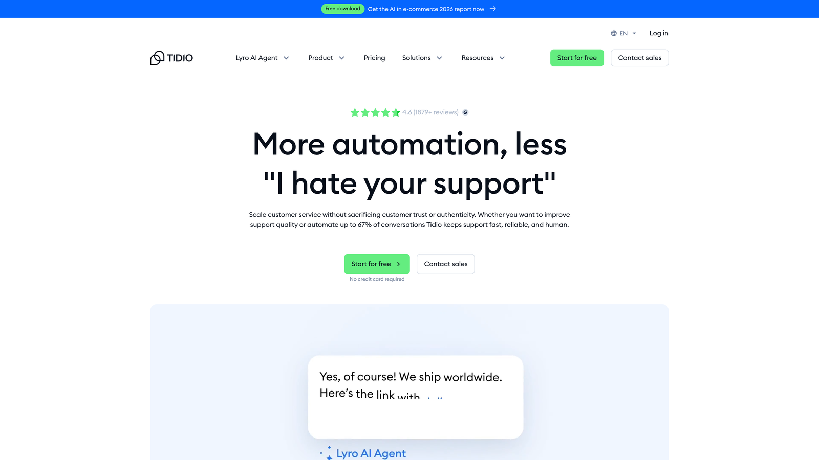 Screenshot of Tidio website