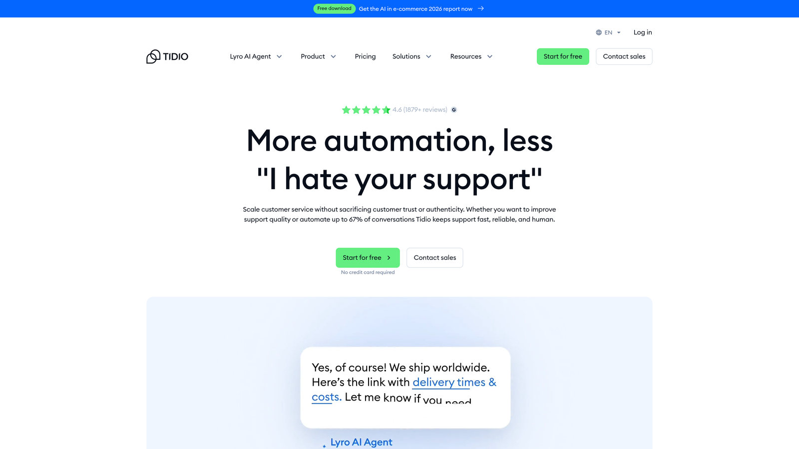 Screenshot of Tidio website