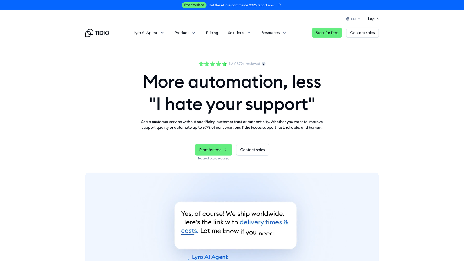 Screenshot of Tidio website