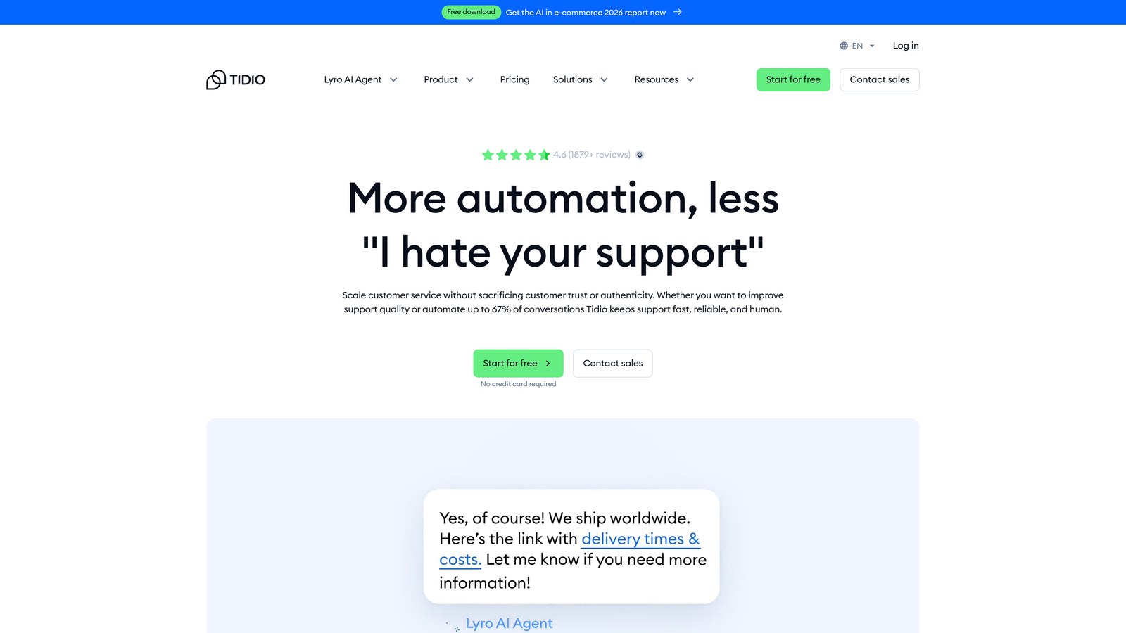 Screenshot of Tidio website