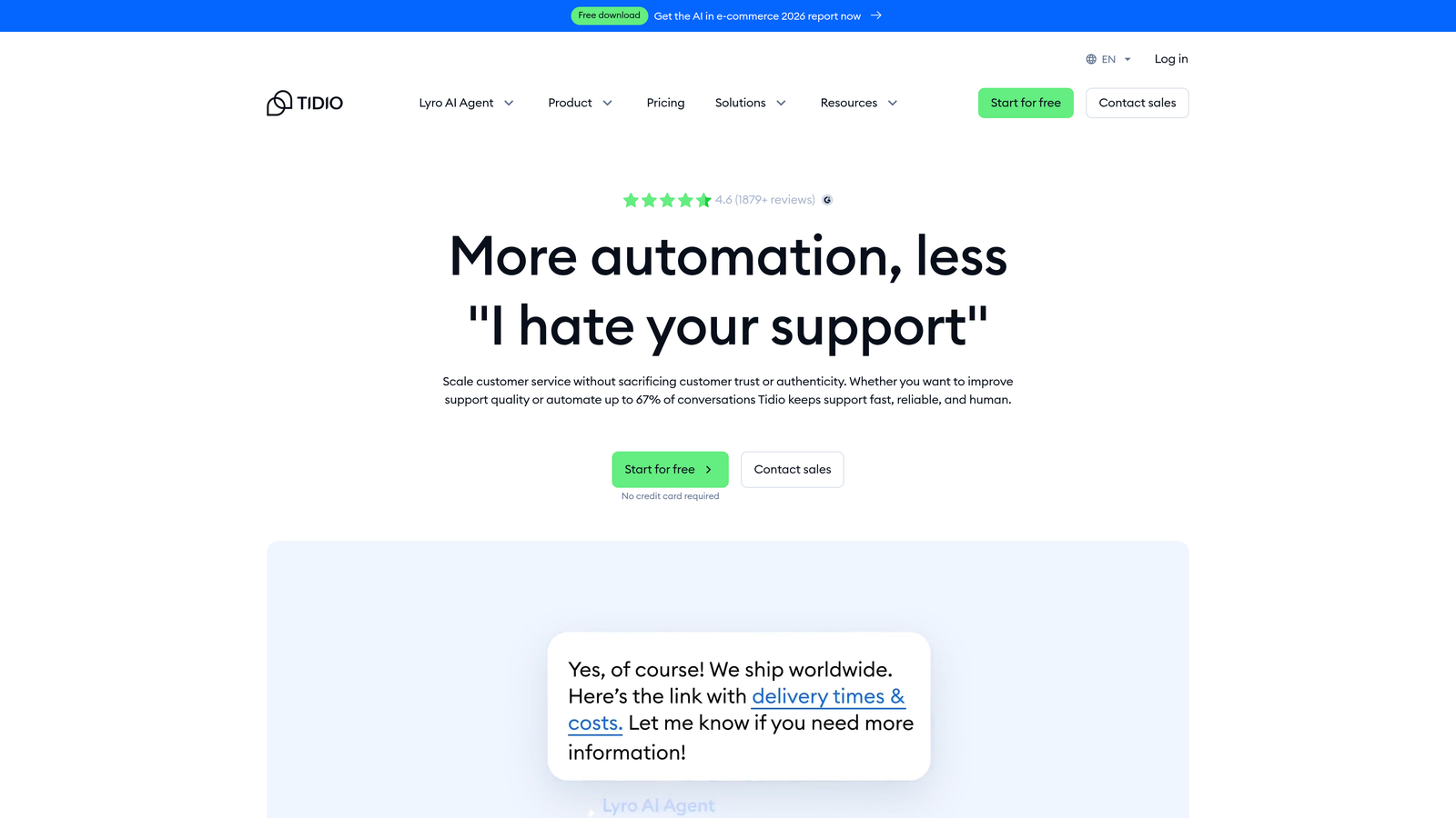 Screenshot of Tidio website