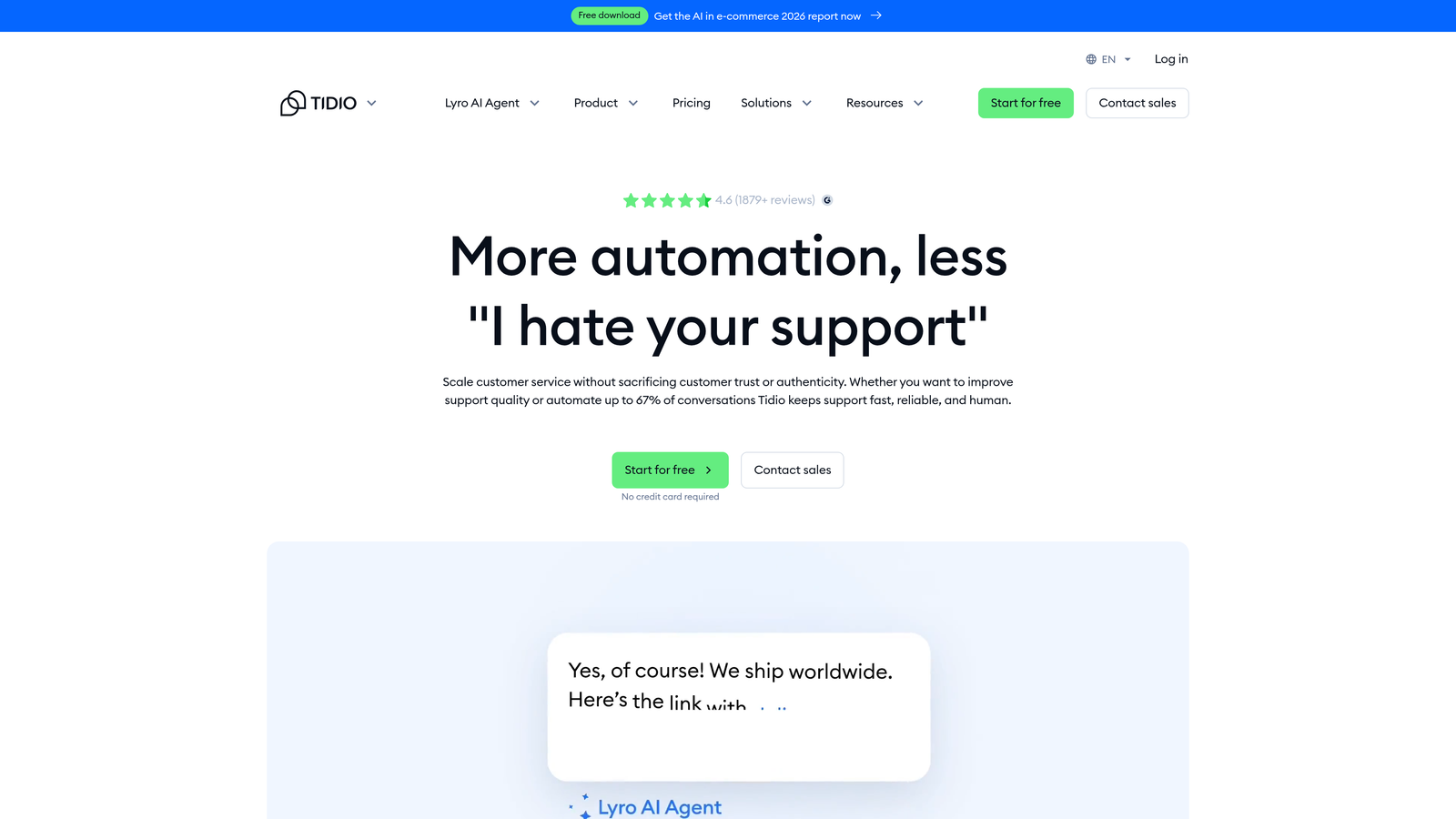 Screenshot of Tidio website