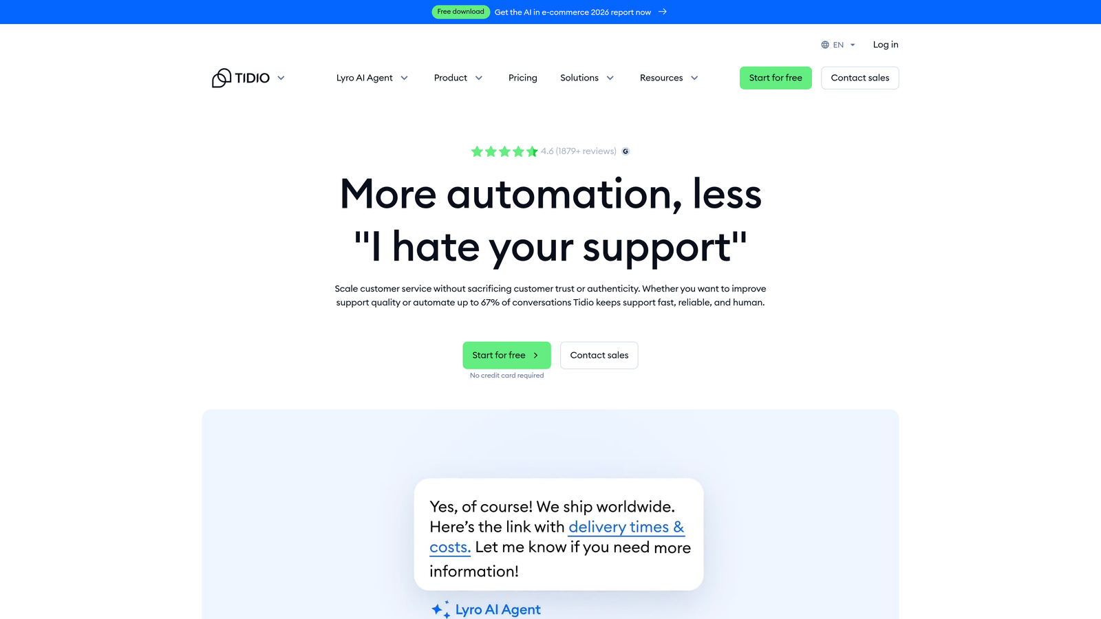 Screenshot of Tidio website